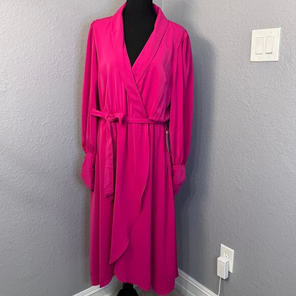 Julia Jordon Pink / Raspberry Long Sleeve Lapel Neck Wrap Midi Dress Size 12 NWT - Picture 1 of 15